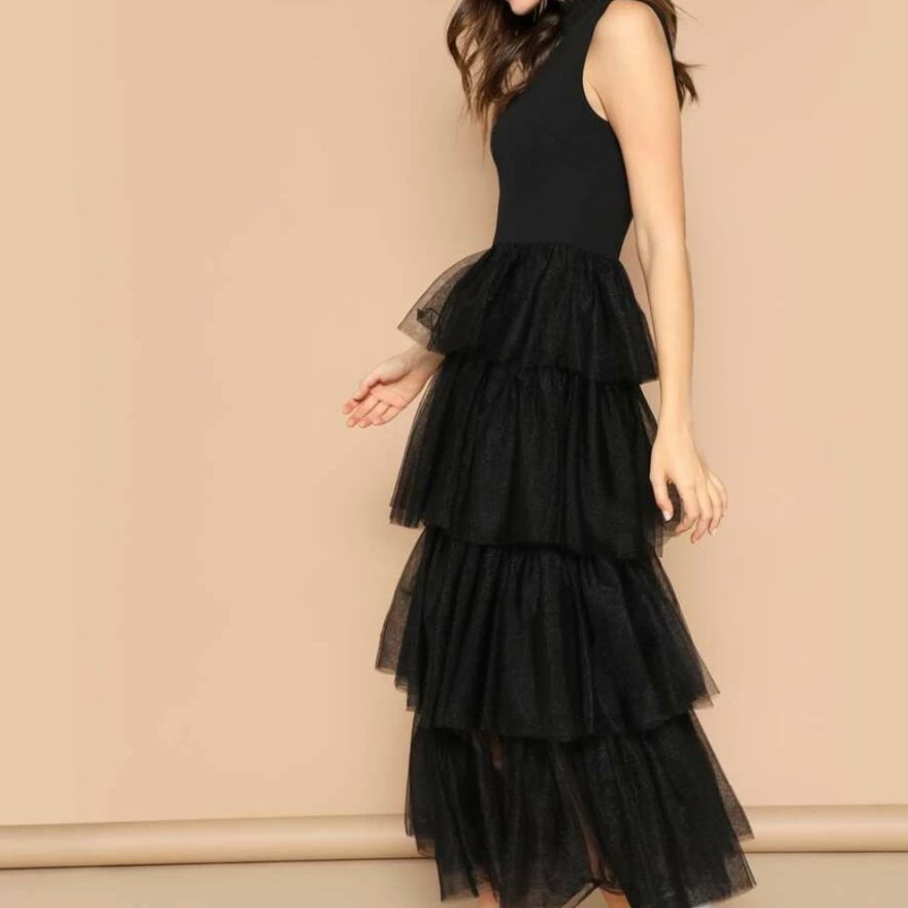 SHEIN Mixed Media Layered Mesh Ruffle Dress